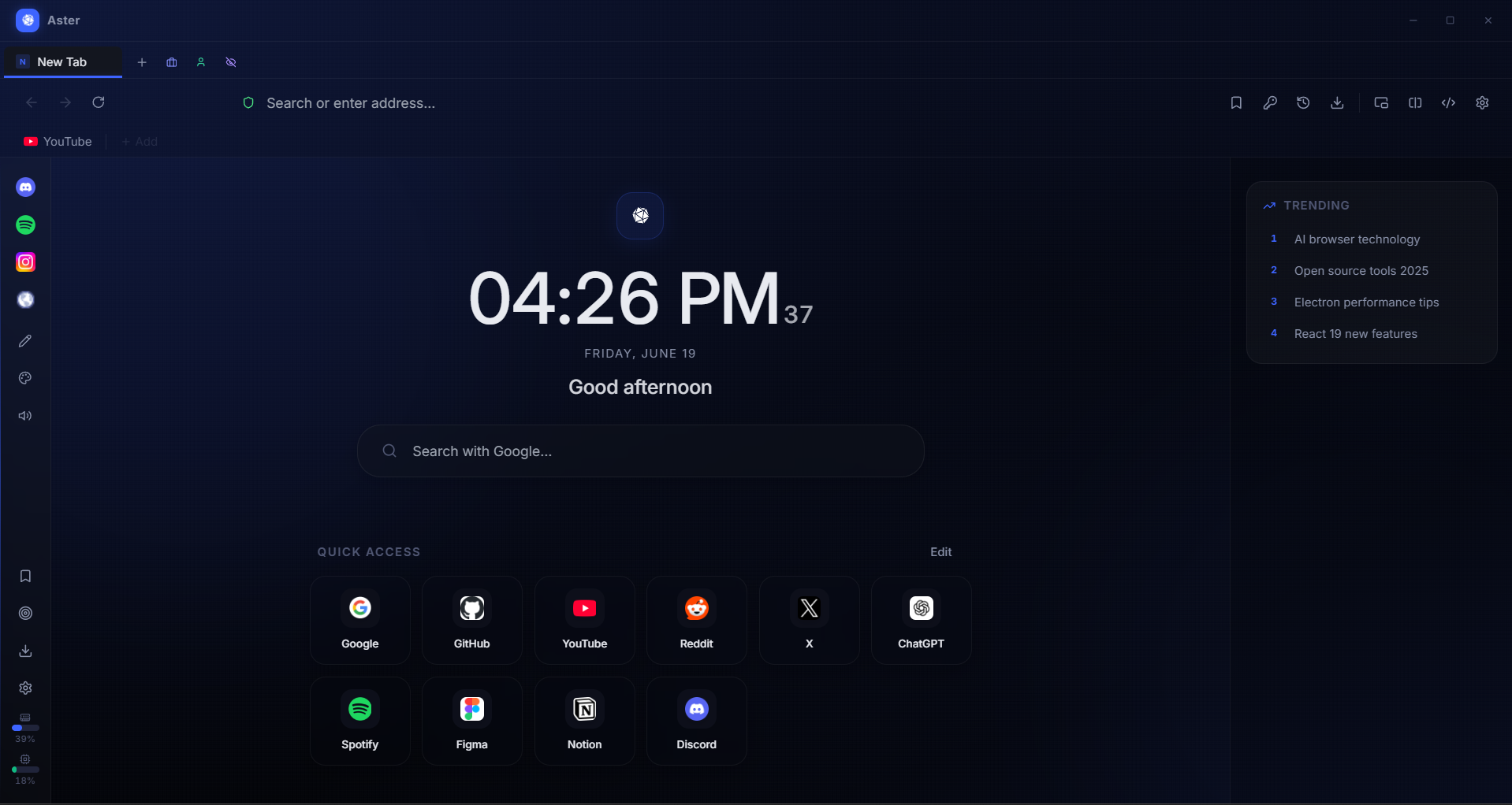 Aster browser interface preview
